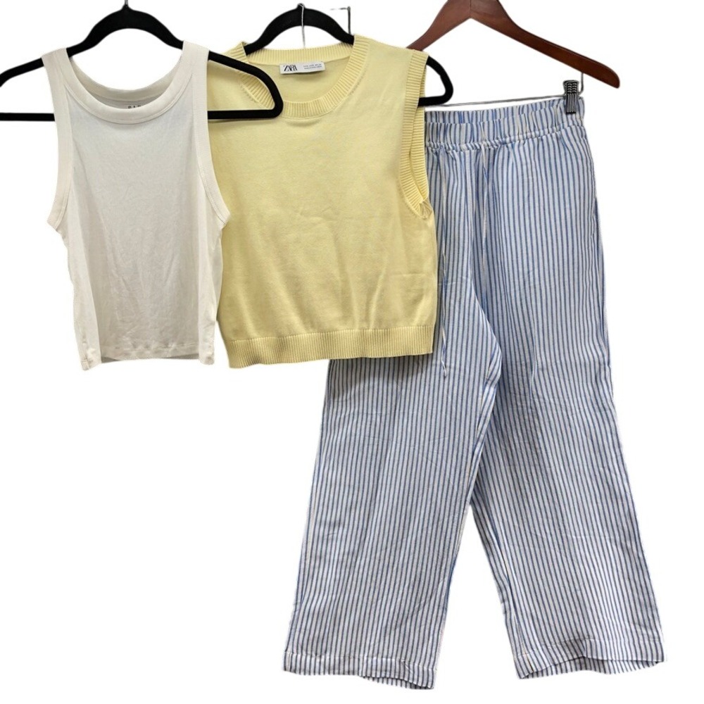 Gap Zara H&M Bundle Womens Small Set Off White Yellow Blue Striped Linen Ribbed